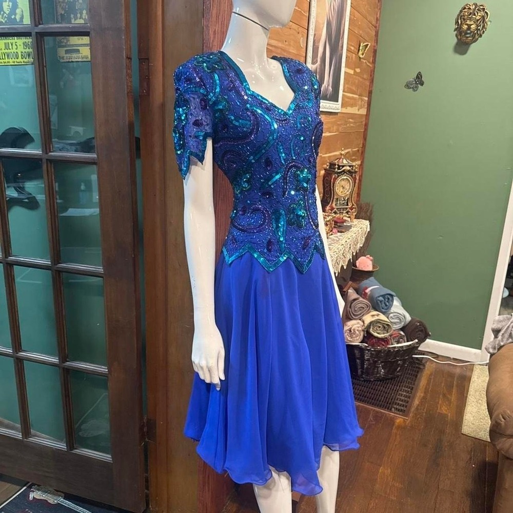Vintage Laurence Kazar New York Dress Royal Blue Beaded Silk Size Small S - Picture 4 of 8